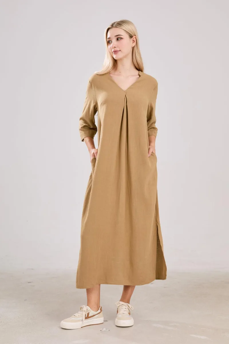 Chouyatou Womens Cotton Linen Maxi Dresses Casual Loose Fit V Neck 3/4 Sleeve Side Slit A Line Linen Long Dress