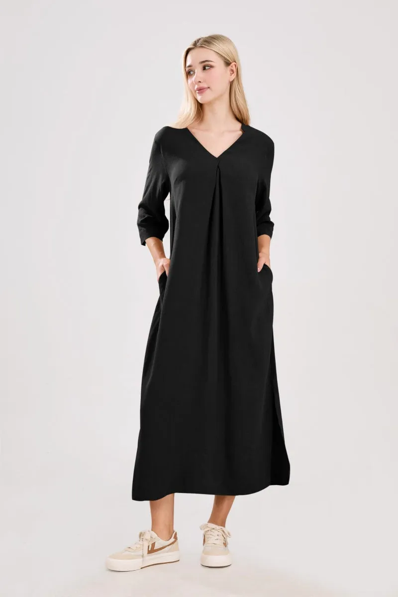 Chouyatou Womens Cotton Linen Maxi Dresses Casual Loose Fit V Neck 3/4 Sleeve Side Slit A Line Linen Long Dress