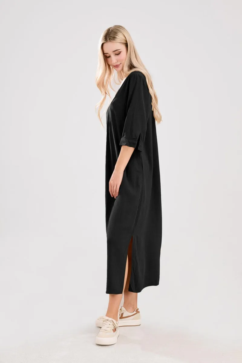 Chouyatou Womens Cotton Linen Maxi Dresses Casual Loose Fit V Neck 3/4 Sleeve Side Slit A Line Linen Long Dress