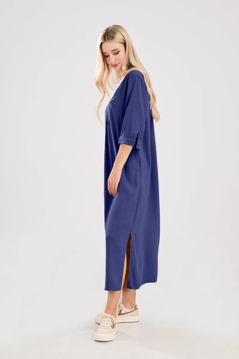 Chouyatou Womens Cotton Linen Maxi Dresses Casual Loose Fit V Neck 3/4 Sleeve Side Slit A Line Linen Long Dress