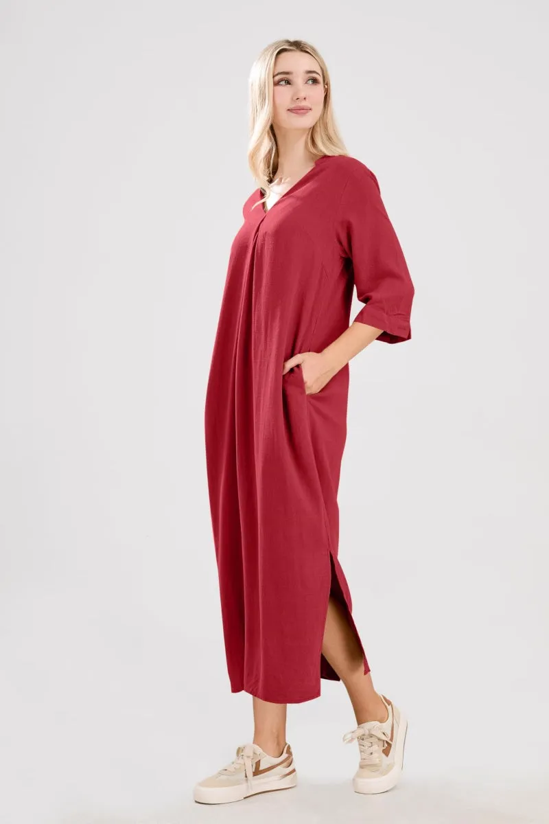 Chouyatou Womens Cotton Linen Maxi Dresses Casual Loose Fit V Neck 3/4 Sleeve Side Slit A Line Linen Long Dress