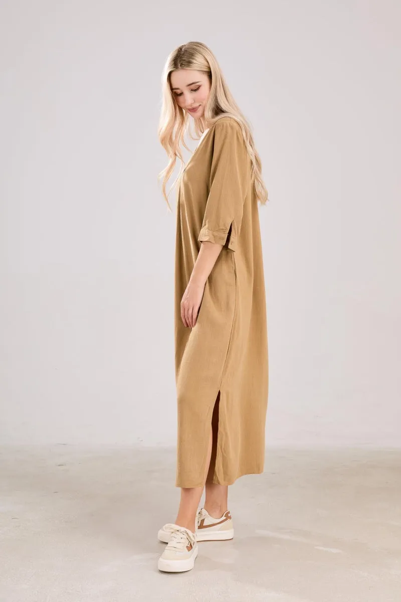 Chouyatou Womens Cotton Linen Maxi Dresses Casual Loose Fit V Neck 3/4 Sleeve Side Slit A Line Linen Long Dress