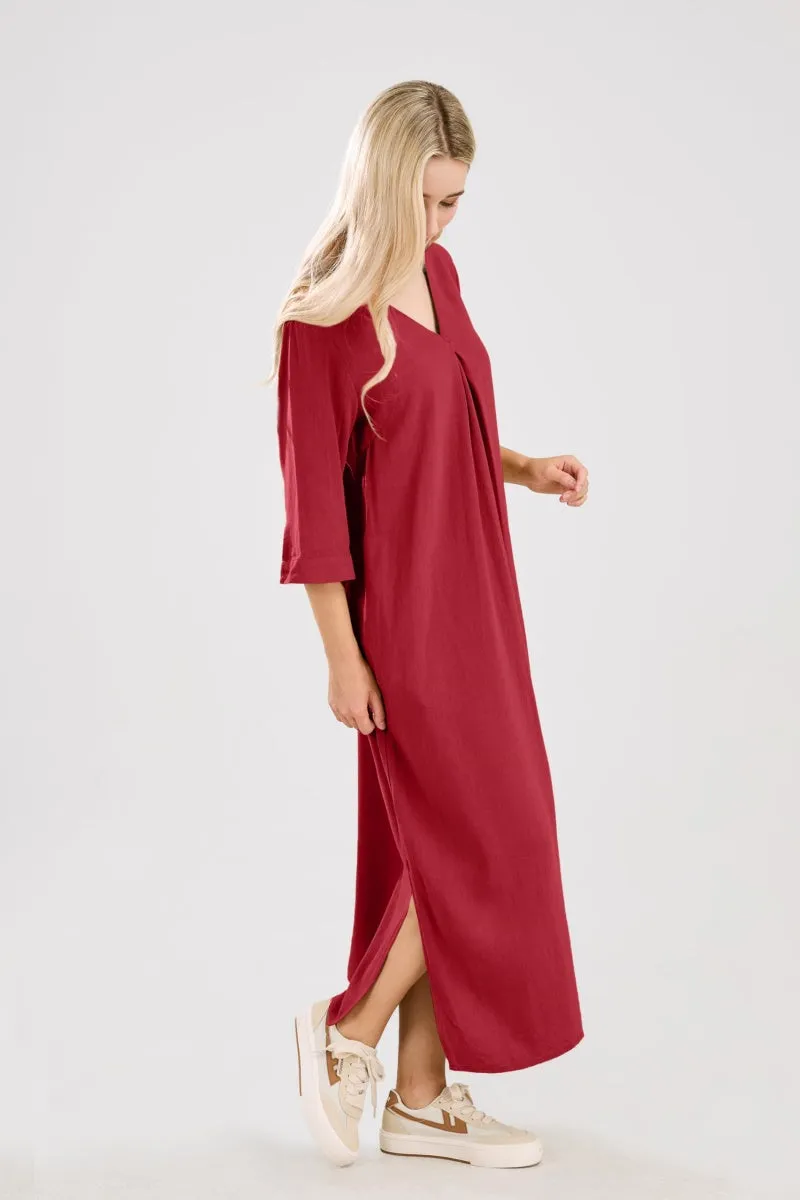 Chouyatou Womens Cotton Linen Maxi Dresses Casual Loose Fit V Neck 3/4 Sleeve Side Slit A Line Linen Long Dress