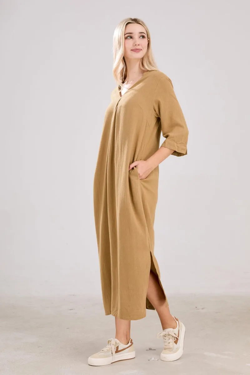 Chouyatou Womens Cotton Linen Maxi Dresses Casual Loose Fit V Neck 3/4 Sleeve Side Slit A Line Linen Long Dress
