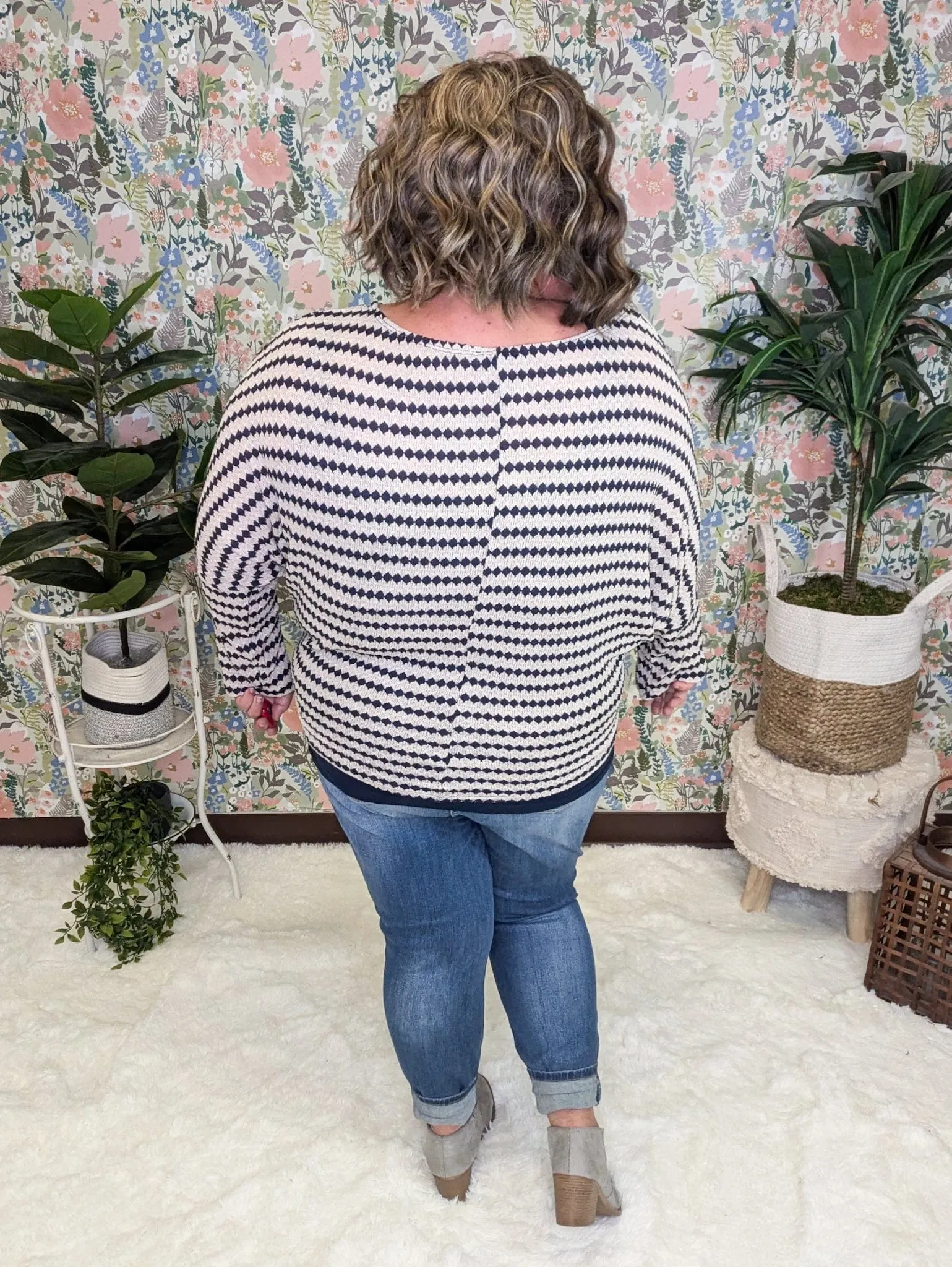Cindee Diamond Print Boatneck Top in Taupe   Navy