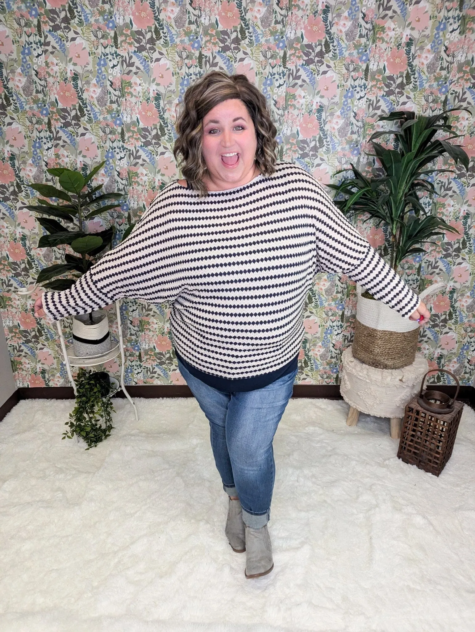 Cindee Diamond Print Boatneck Top in Taupe   Navy