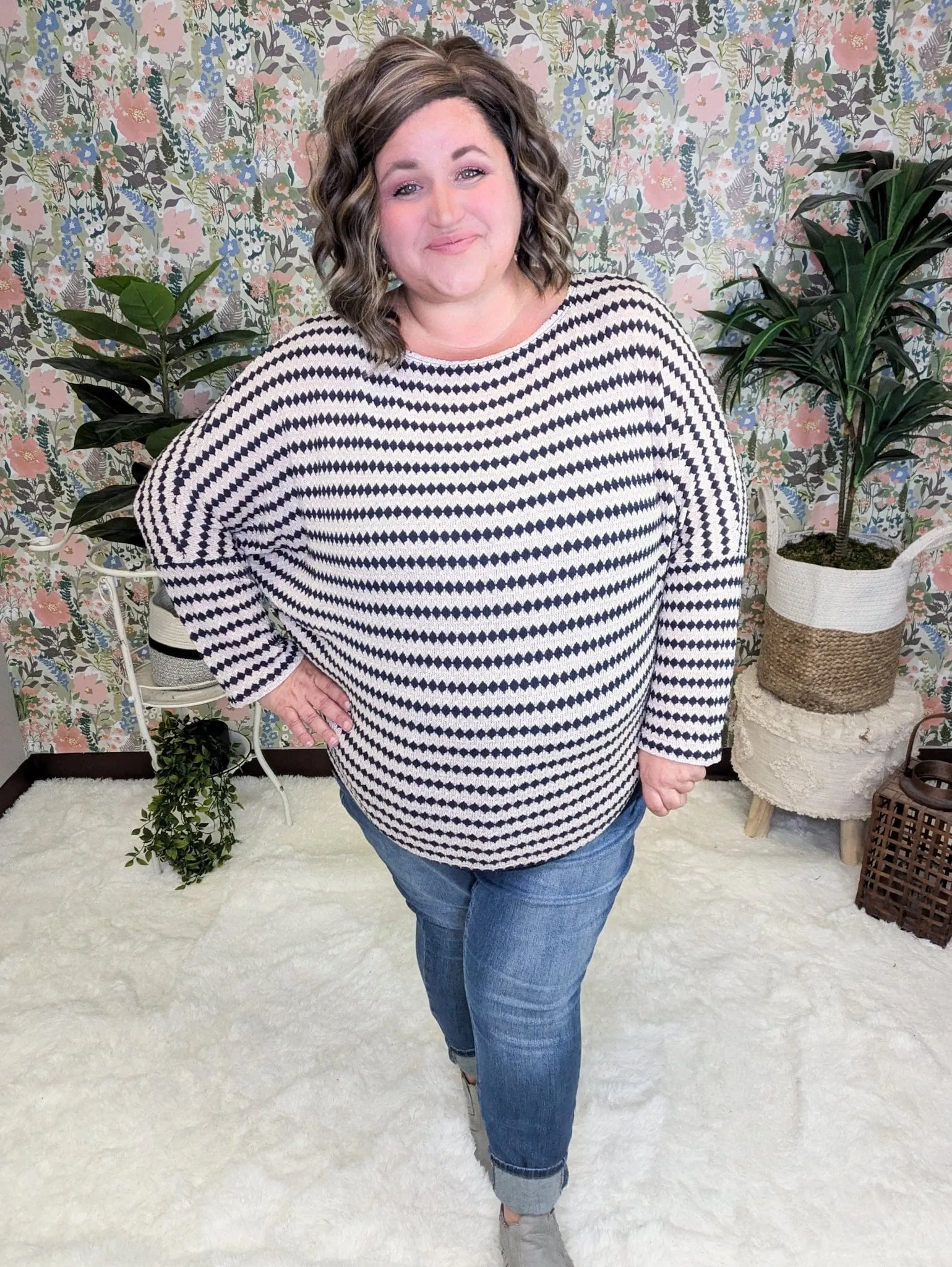 Cindee Diamond Print Boatneck Top in Taupe   Navy