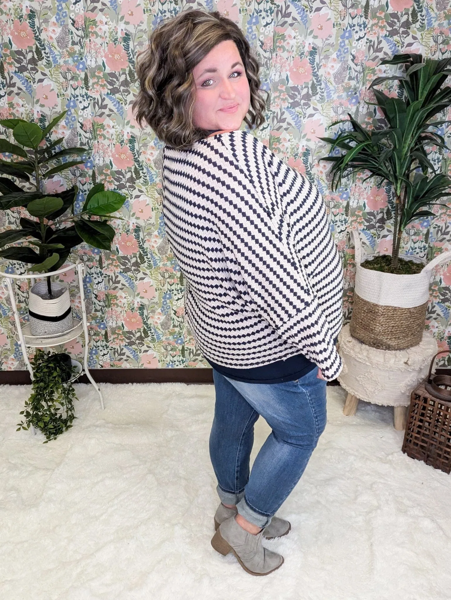 Cindee Diamond Print Boatneck Top in Taupe   Navy