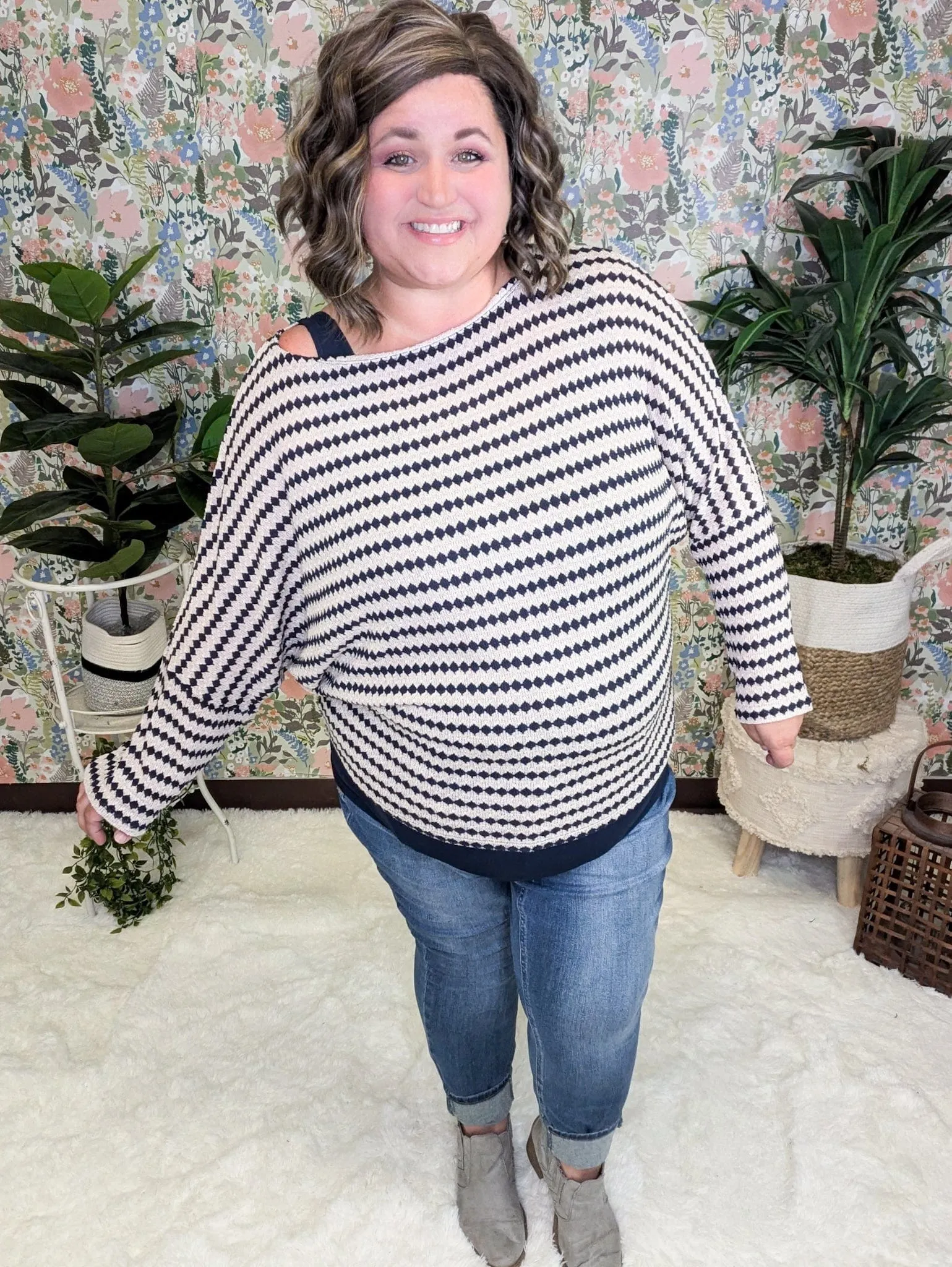 Cindee Diamond Print Boatneck Top in Taupe   Navy