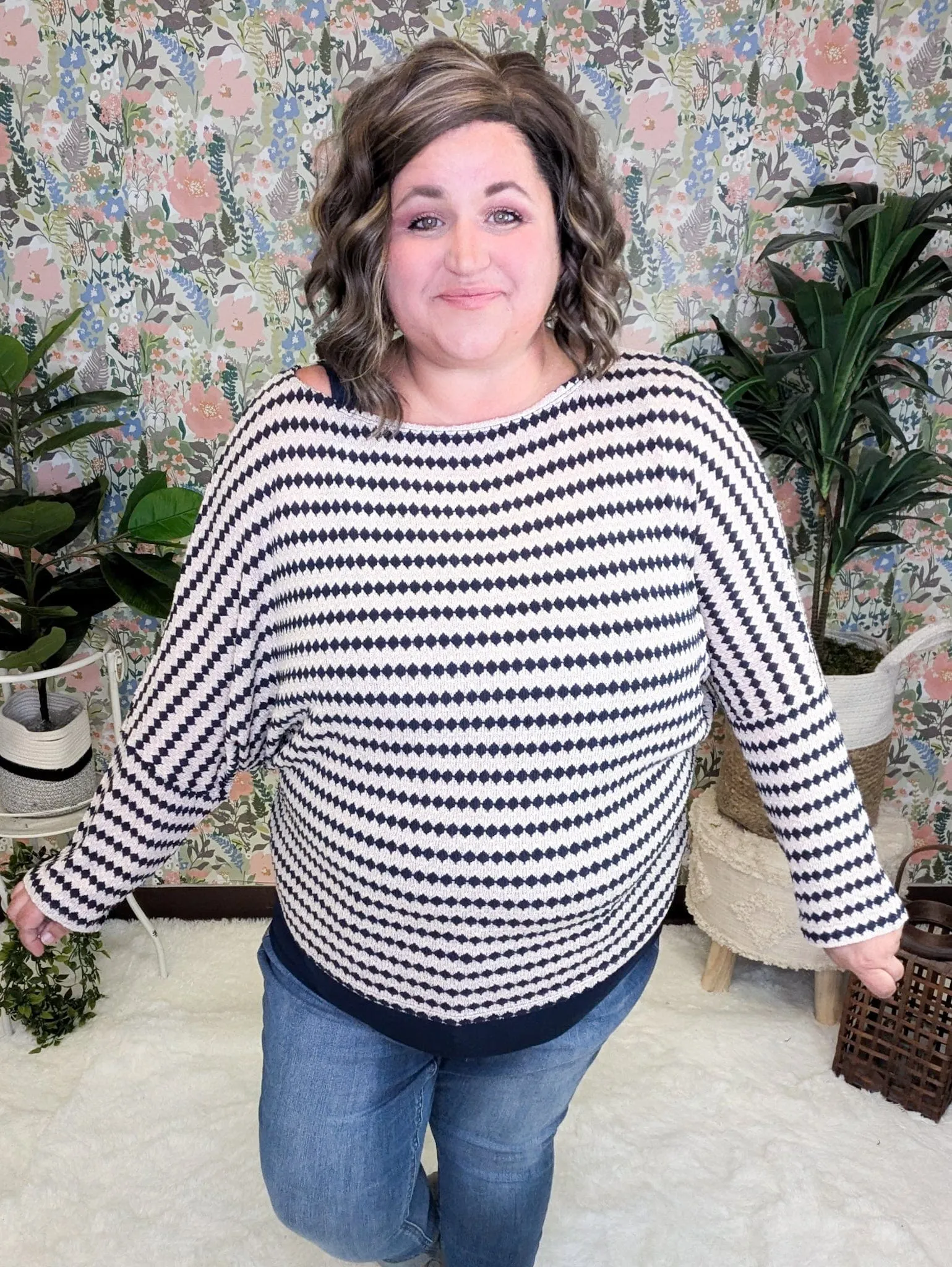 Cindee Diamond Print Boatneck Top in Taupe   Navy