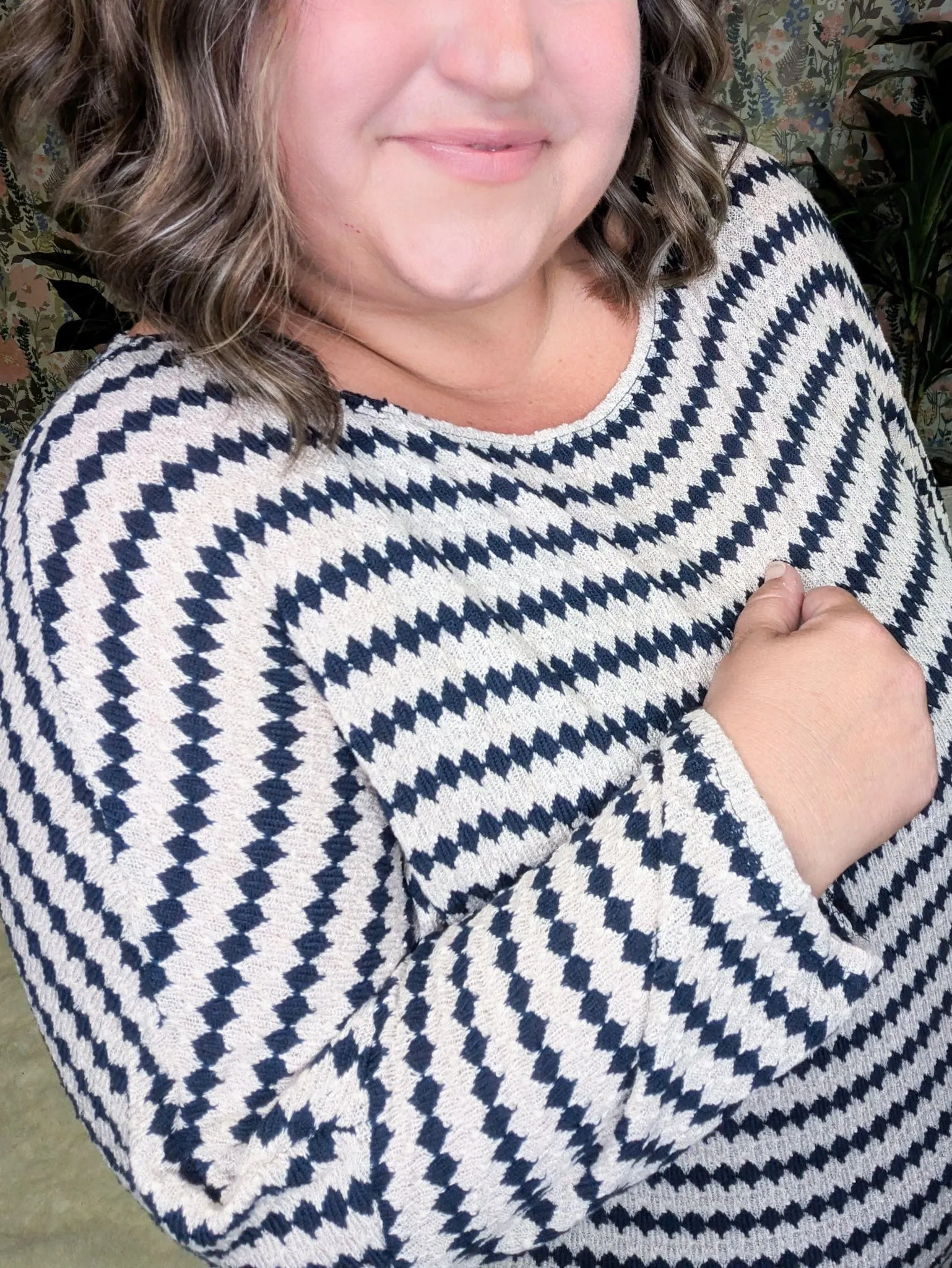 Cindee Diamond Print Boatneck Top in Taupe   Navy