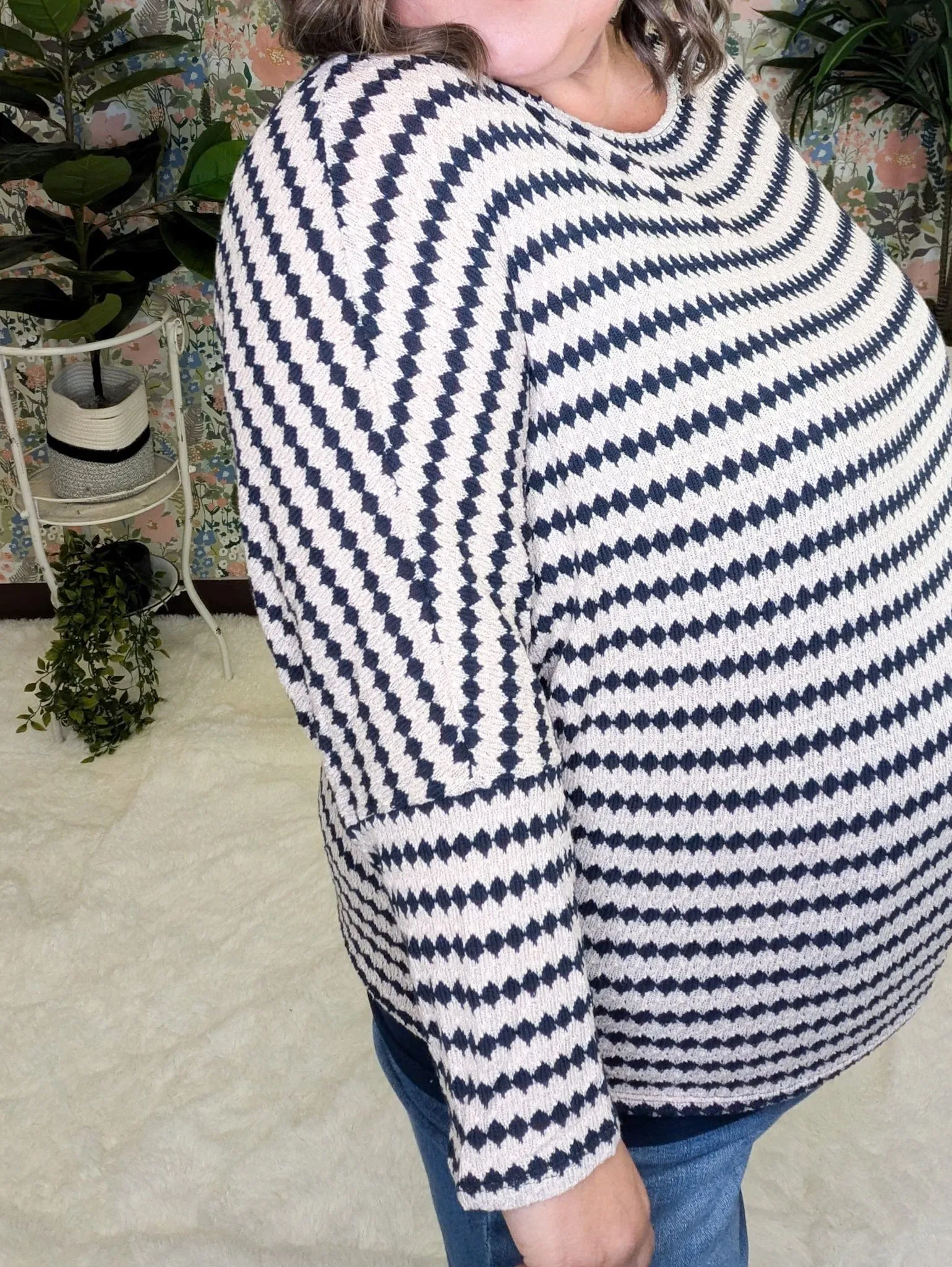 Cindee Diamond Print Boatneck Top in Taupe   Navy
