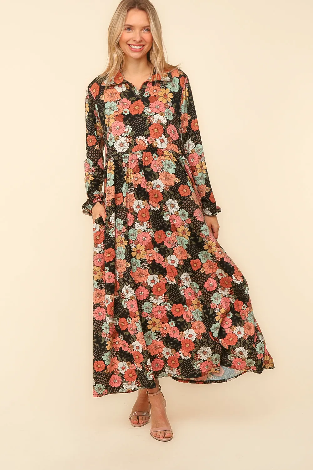 Collared Neck Black Floral Maxi