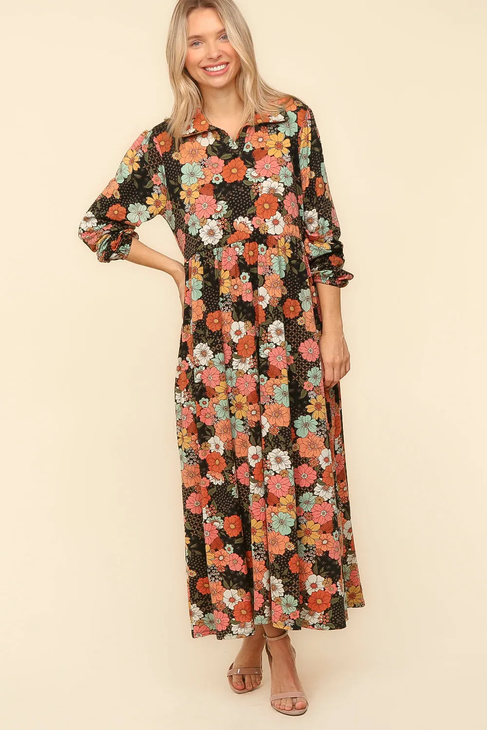 Collared Neck Black Floral Maxi