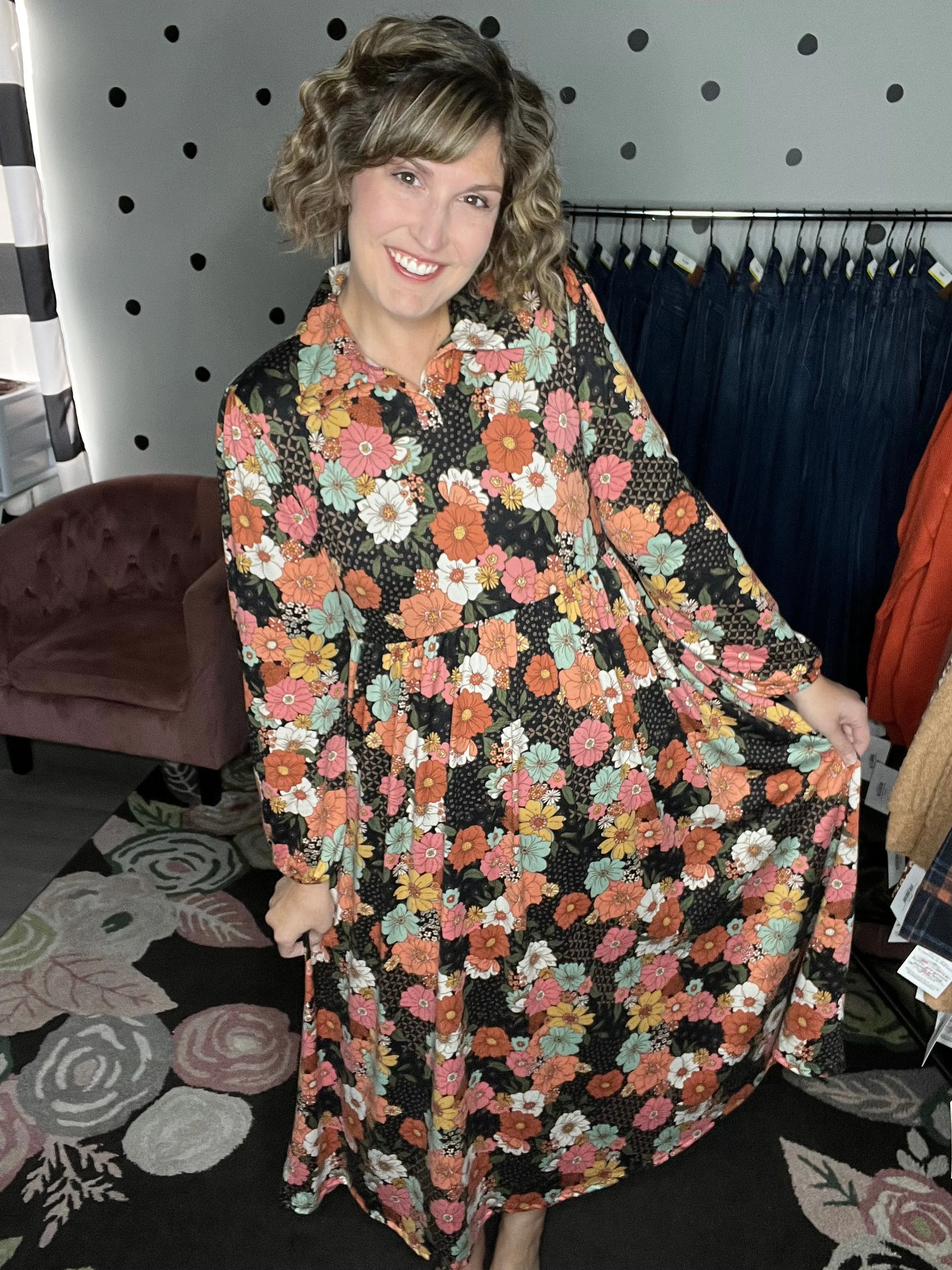 Collared Neck Black Floral Maxi