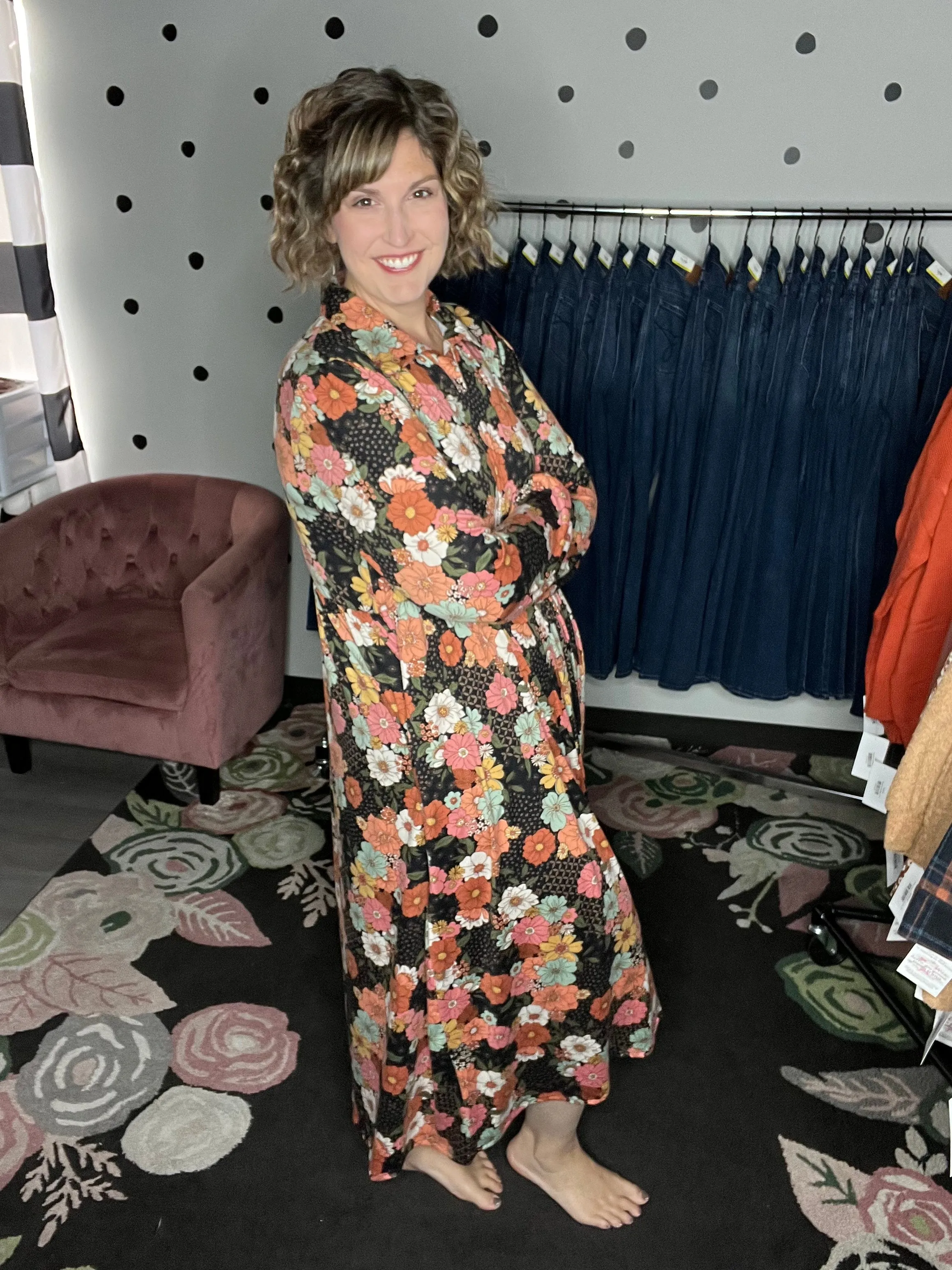 Collared Neck Black Floral Maxi