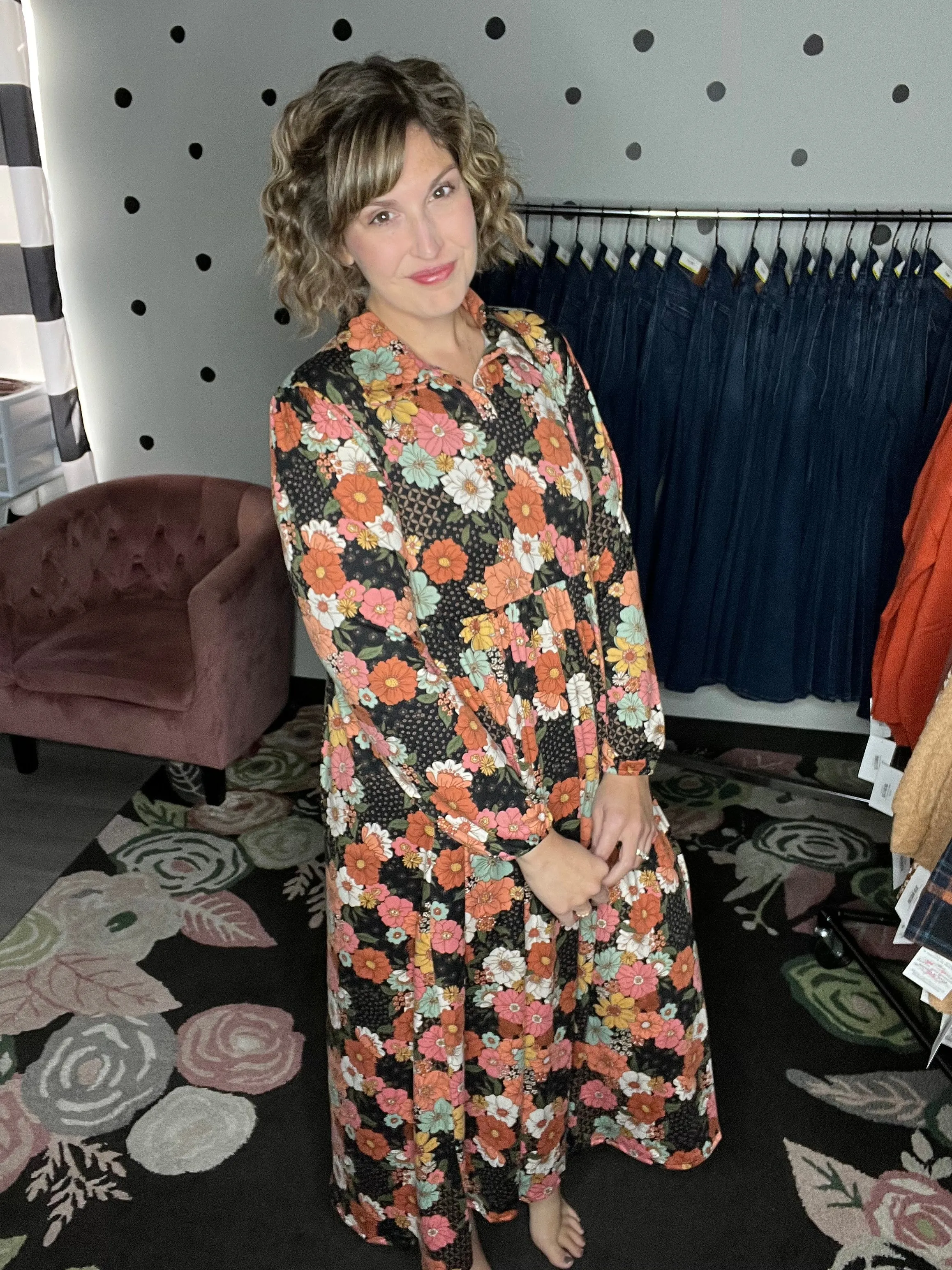 Collared Neck Black Floral Maxi