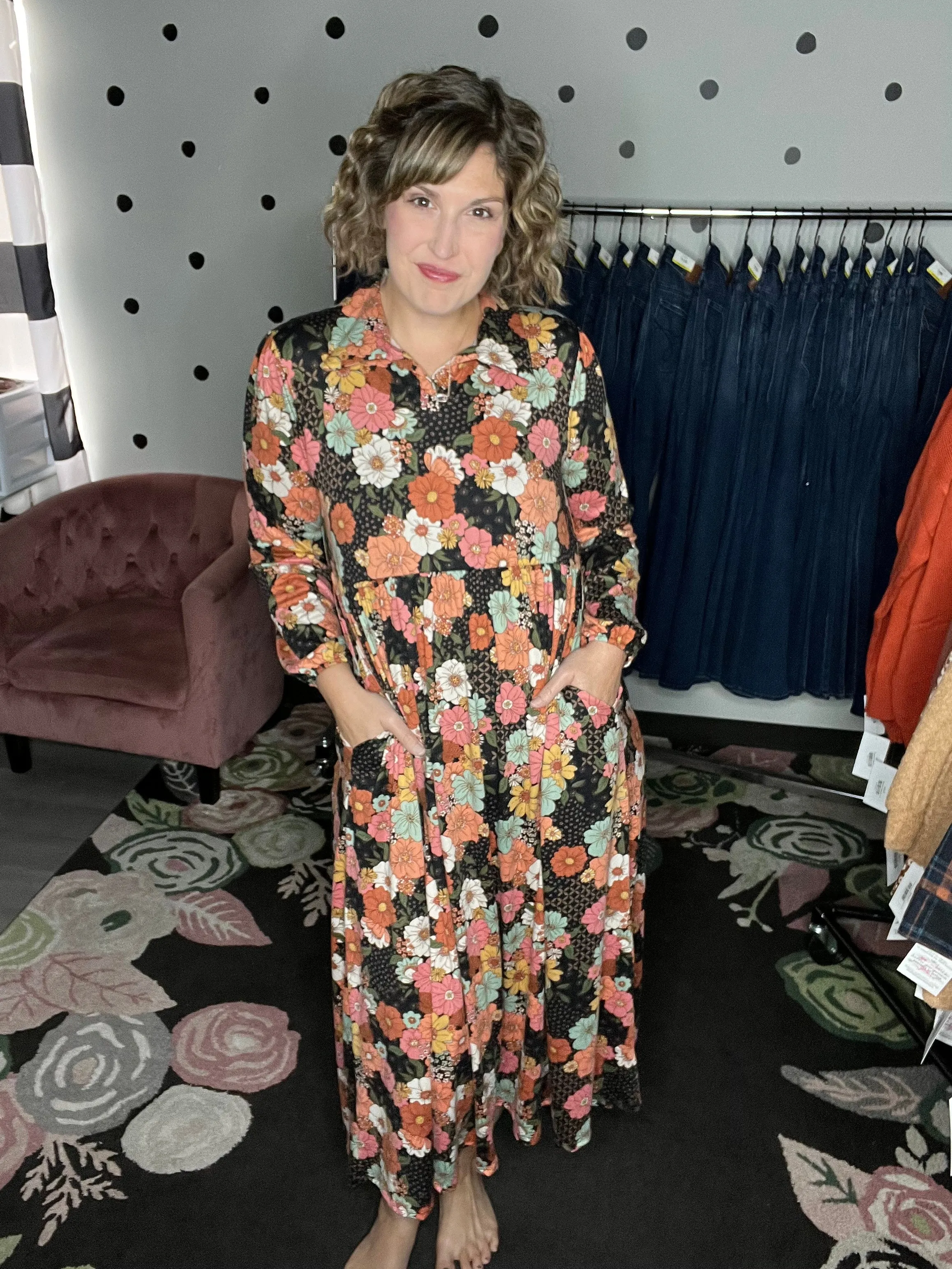 Collared Neck Black Floral Maxi