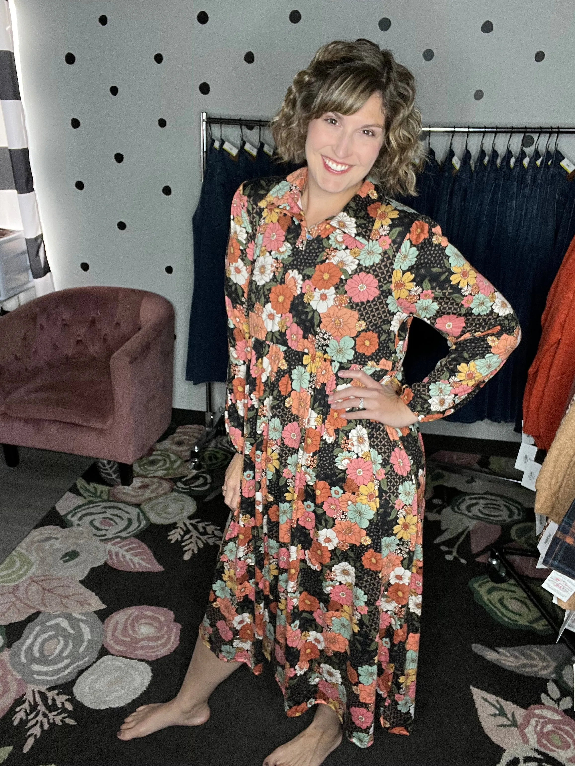 Collared Neck Black Floral Maxi