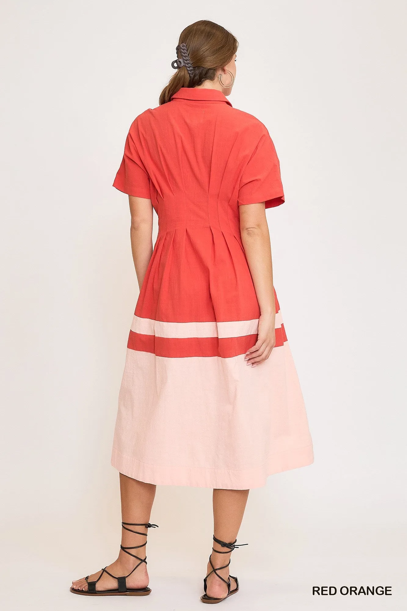 Colorblocked Midi Dress with Pleated Detail