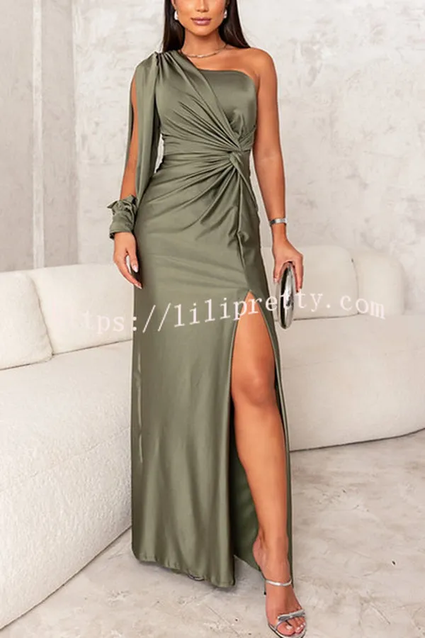 Country Party Charm Satin One Shoulder Twist Detail Slit Maxi Dress