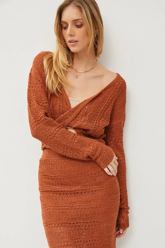 CROCHET KNIT LONG SLEEVE SWEATER SKIRT SET