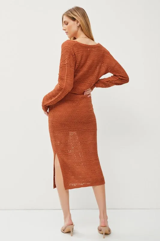 CROCHET KNIT LONG SLEEVE SWEATER SKIRT SET