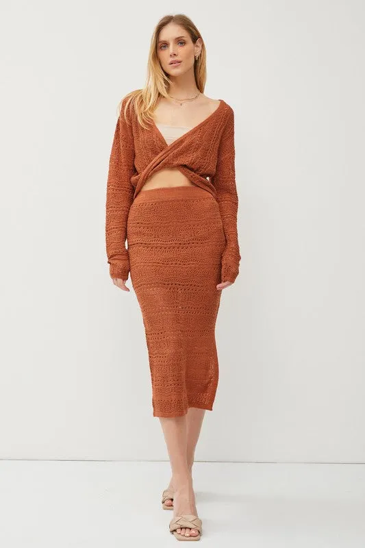 CROCHET KNIT LONG SLEEVE SWEATER SKIRT SET
