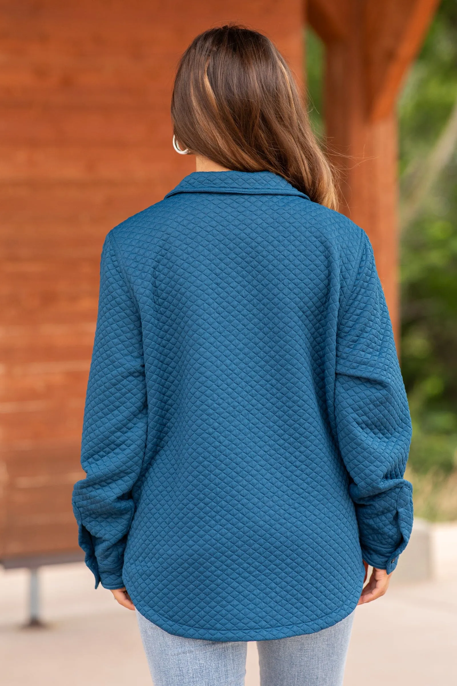 Dark Teal Quilted Shacket With Pocket Detail