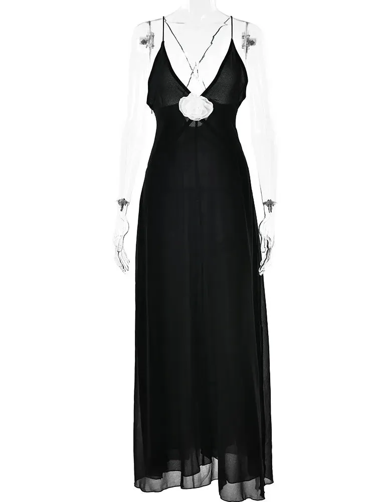 Deep V-Neck Spaghetti Strap Maxi Dress For Women Sheer Sleeveless Long Evening Dresses Sexy Backless Long Dress