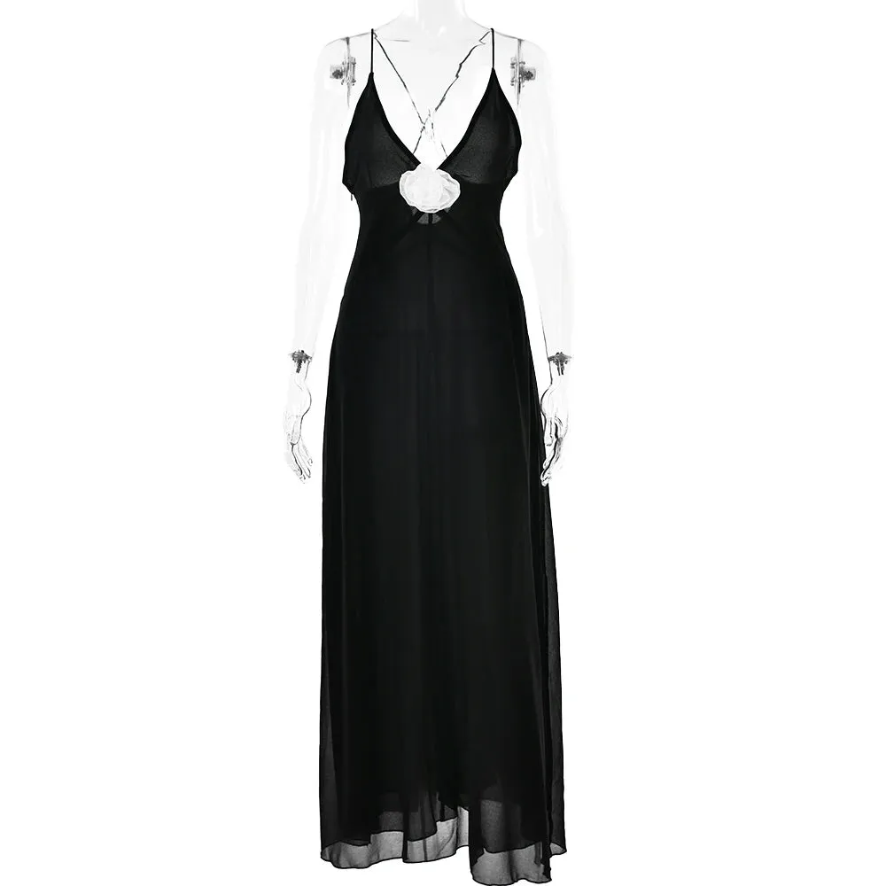 Deep V-Neck Spaghetti Strap Maxi Dress For Women Sheer Sleeveless Long Evening Dresses Sexy Backless Long Dress