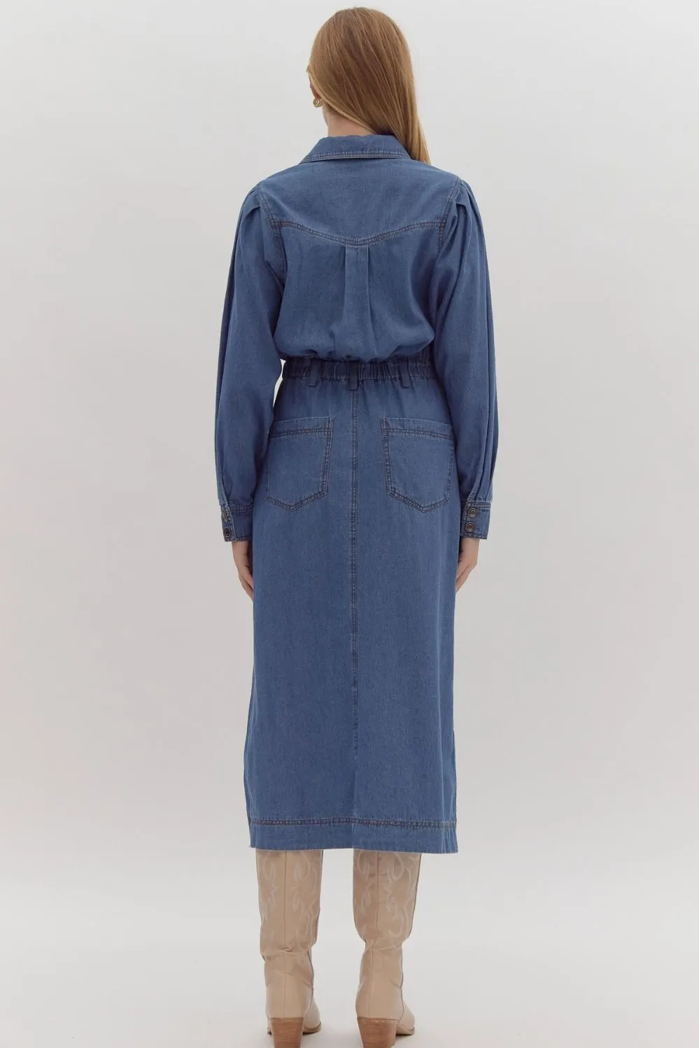 Denim long balloon sleeved midi shirt