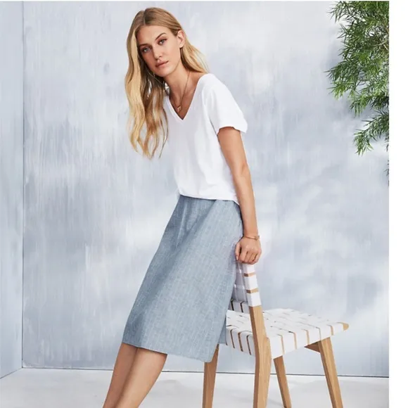 EILEEN FISHER Chambray Hemp Organic Cotton MIDI Skirt Relaxed Fit Effortless L