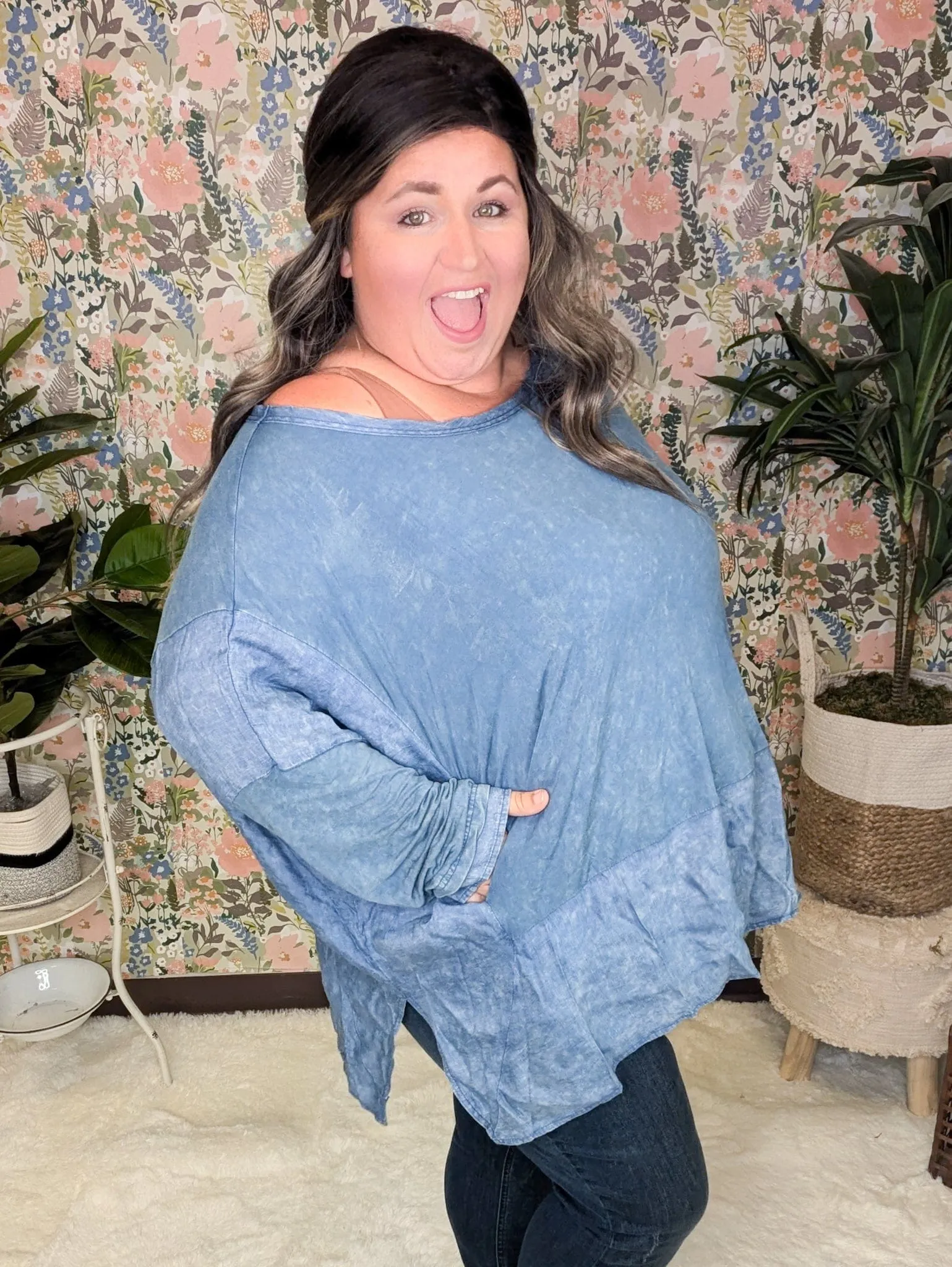 Elizabeth Slouchy Boatneck Top w/Pockets in Mineral Denim Blue