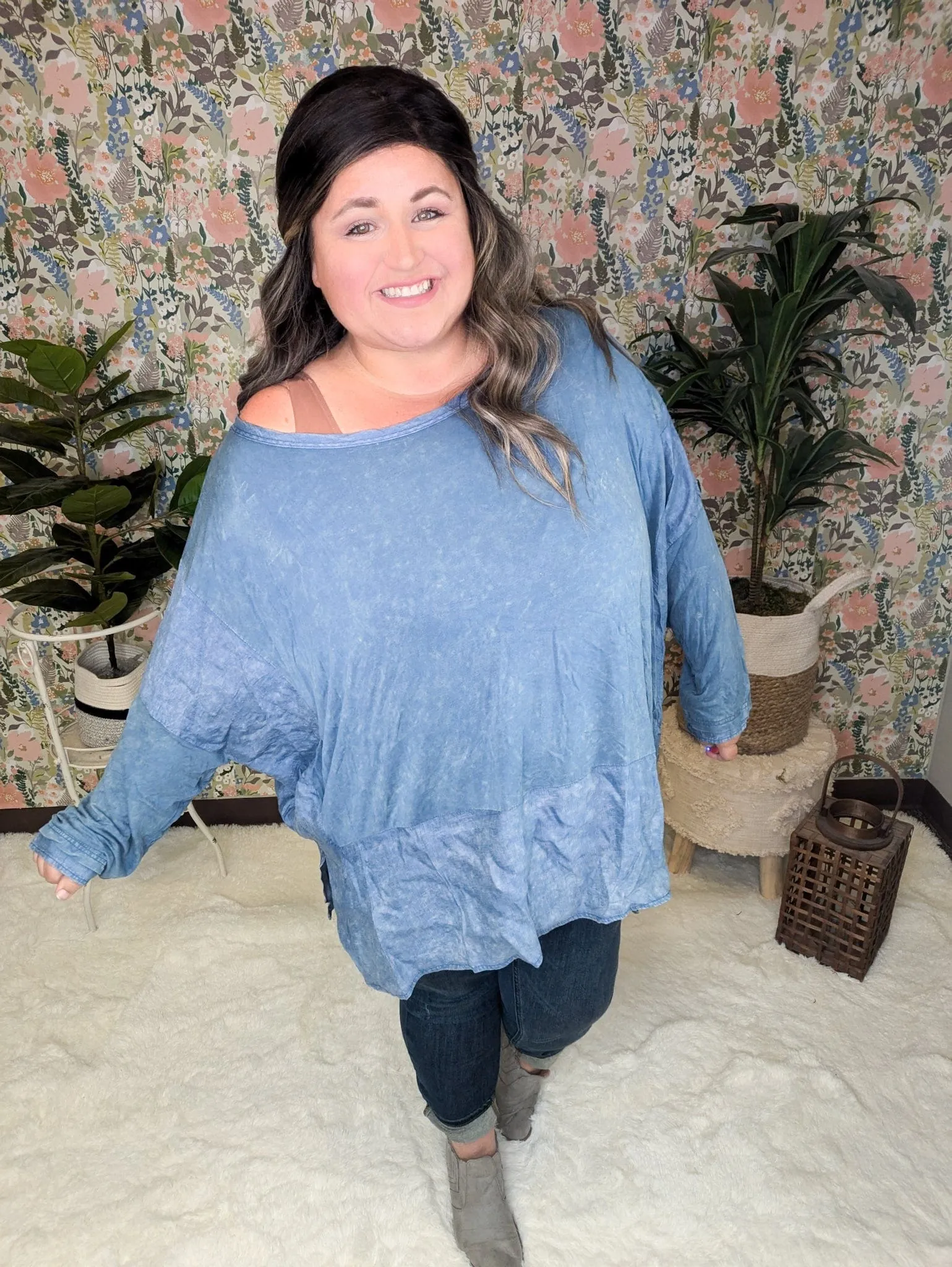 Elizabeth Slouchy Boatneck Top w/Pockets in Mineral Denim Blue