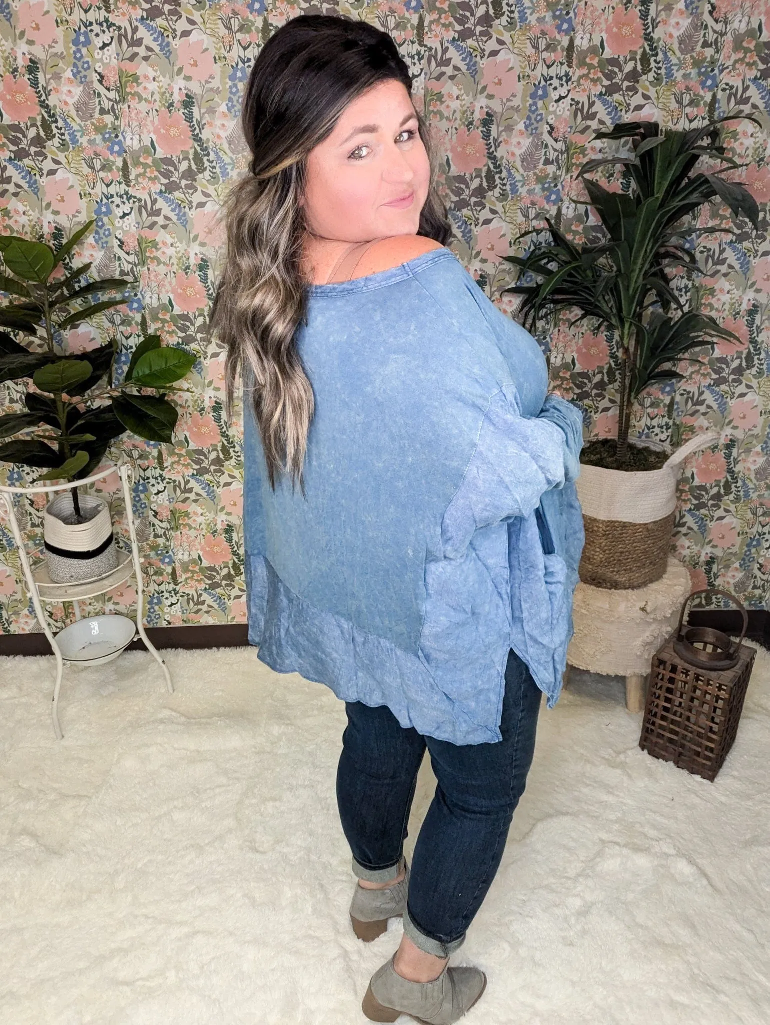 Elizabeth Slouchy Boatneck Top w/Pockets in Mineral Denim Blue