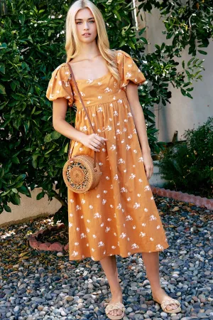Embroidery Puff Sleeve Midi Dress