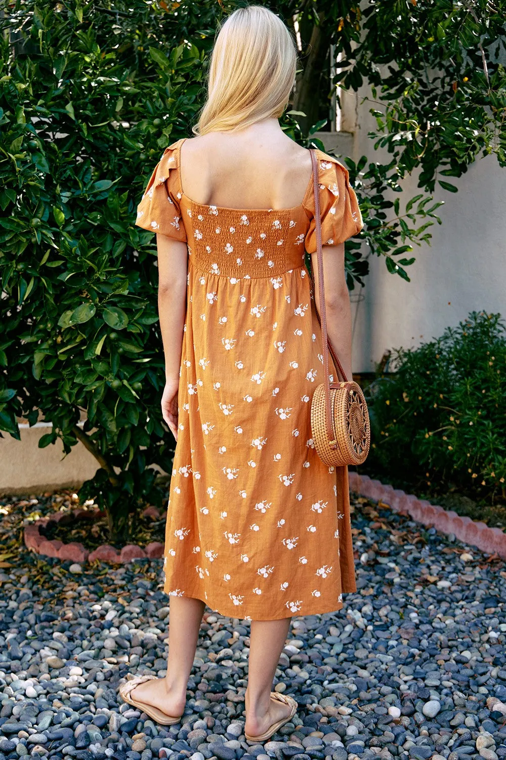 Embroidery Puff Sleeve Midi Dress