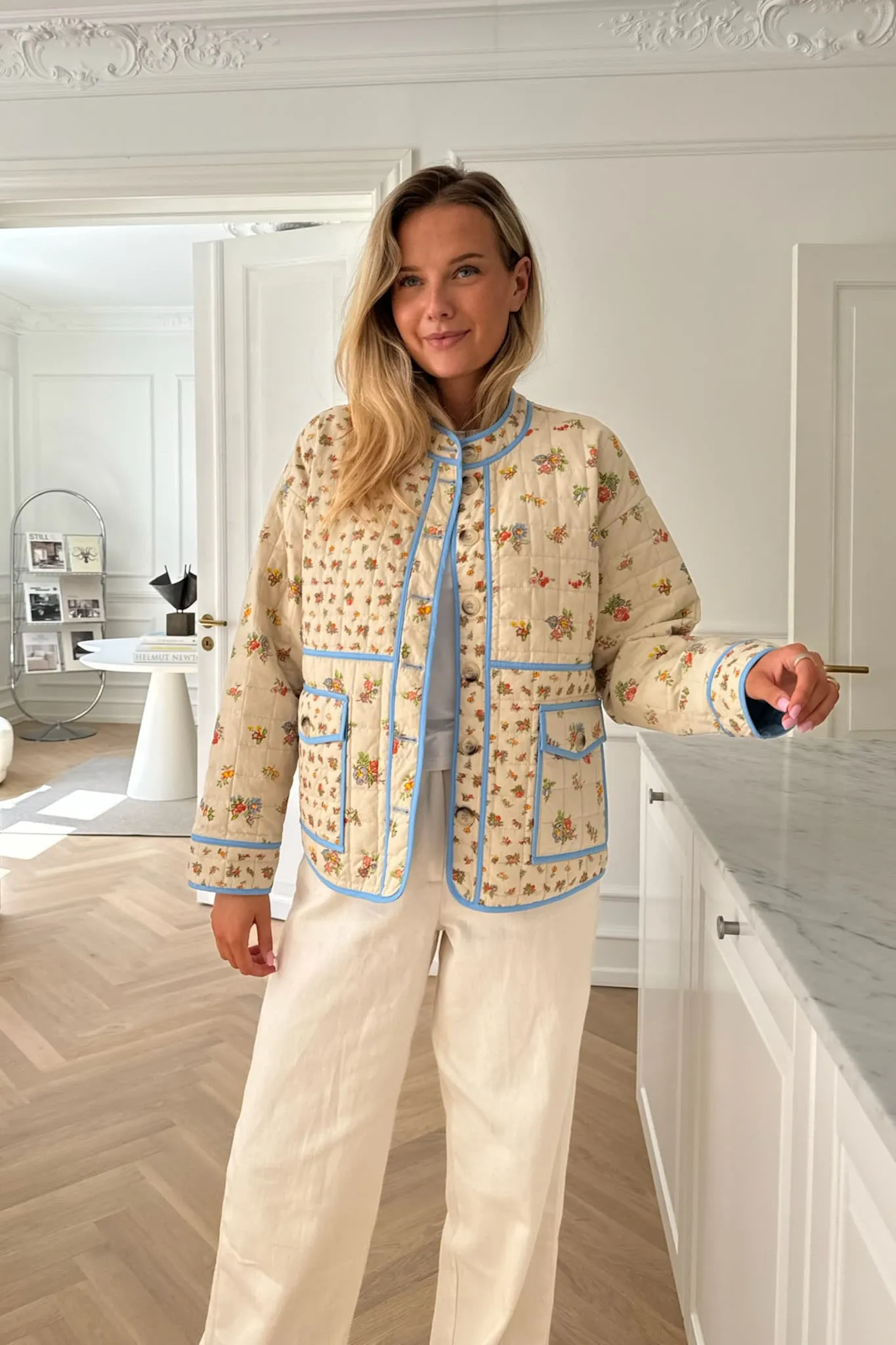 EmmyIC Quilted Jakke - Beige Multifarvet Blomsterprint