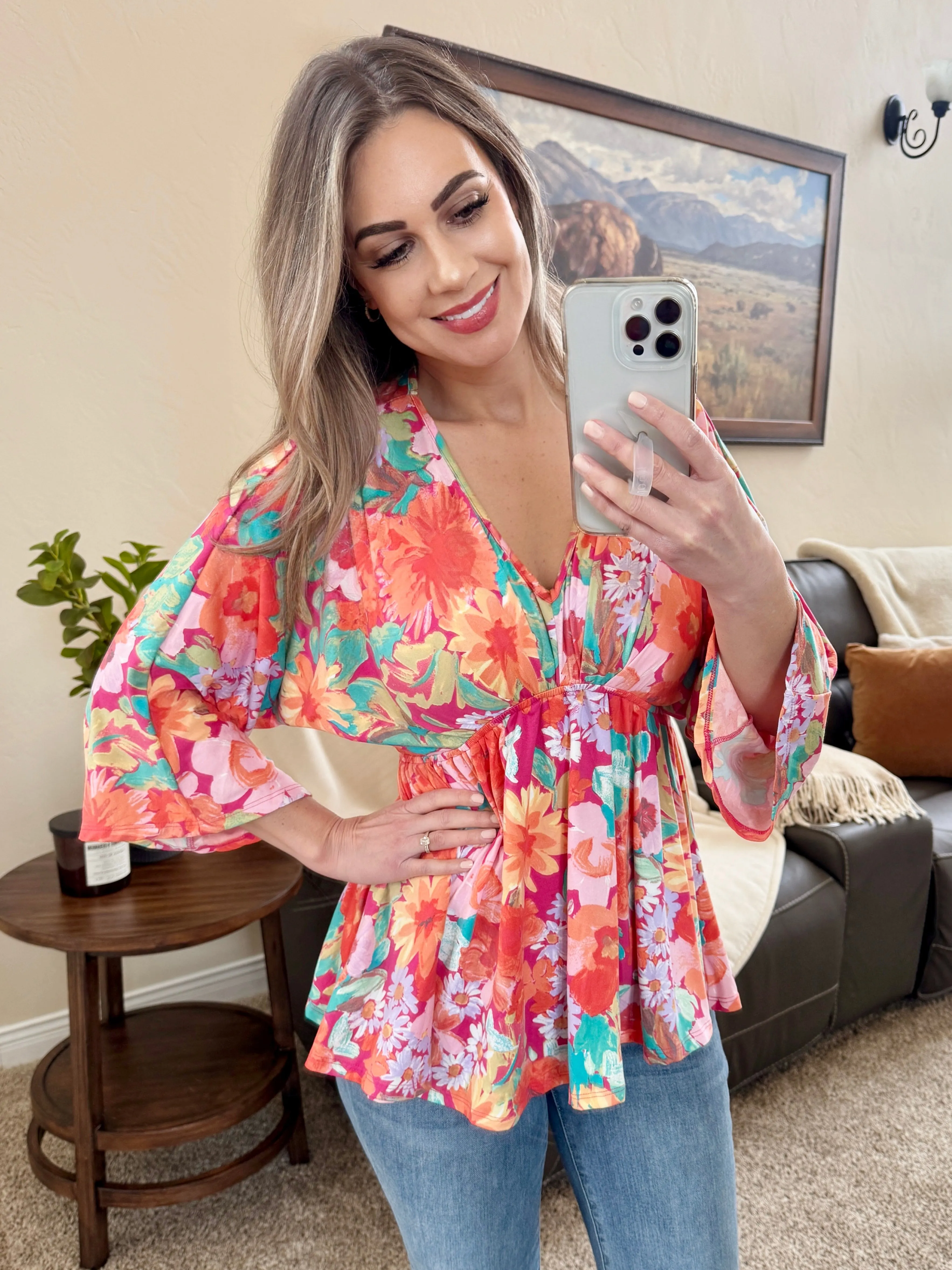 Empire Waist Dolman Top in Bright Florals