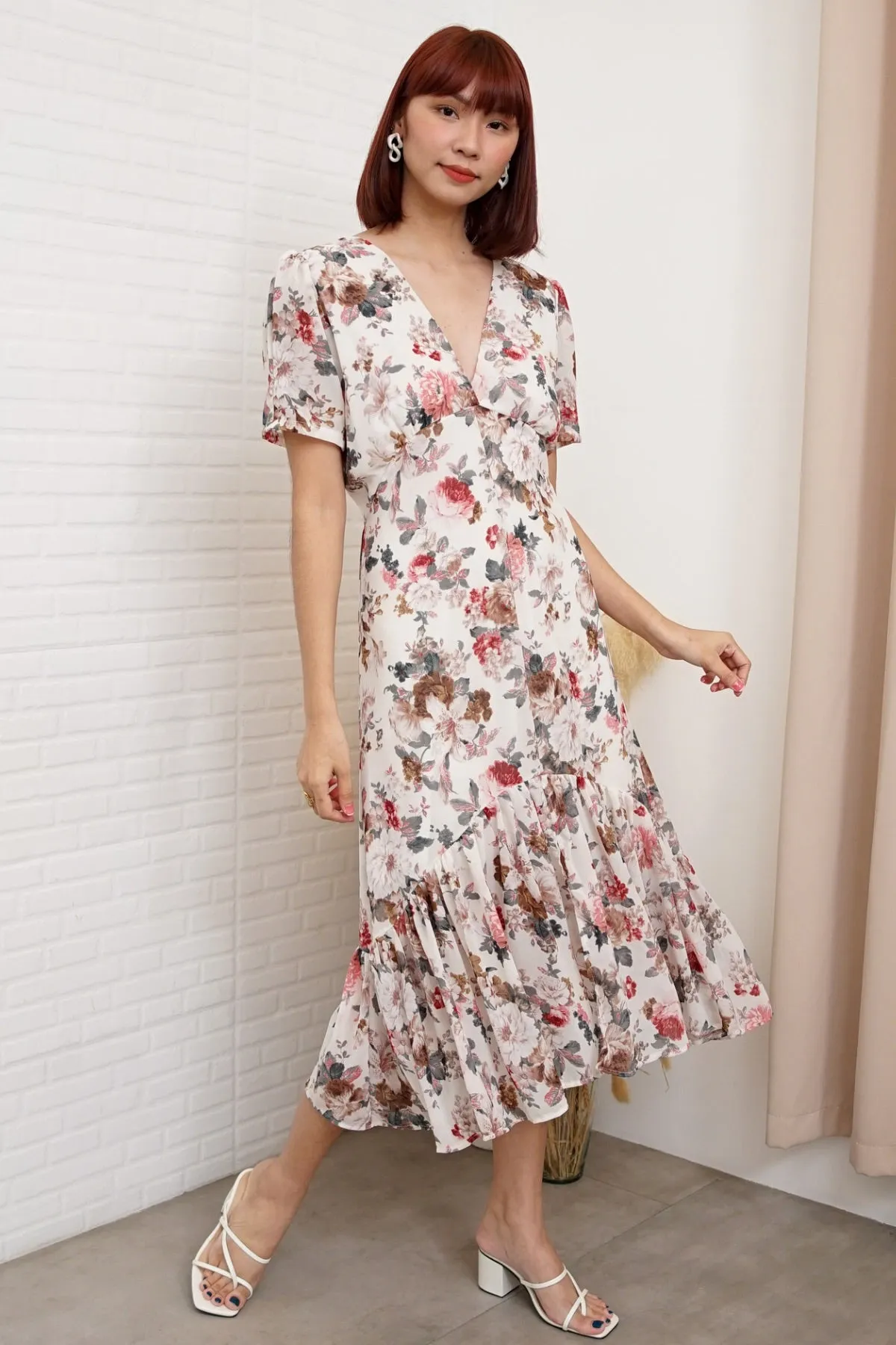 EVANGELINE Floral Chiffon Midi Dress