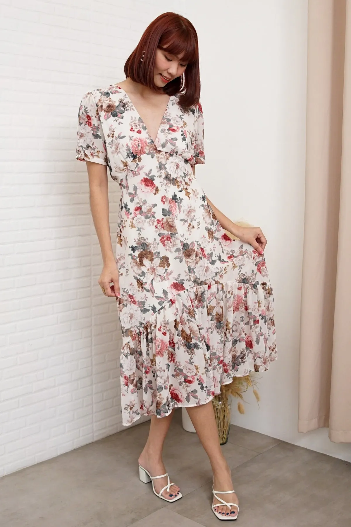 EVANGELINE Floral Chiffon Midi Dress