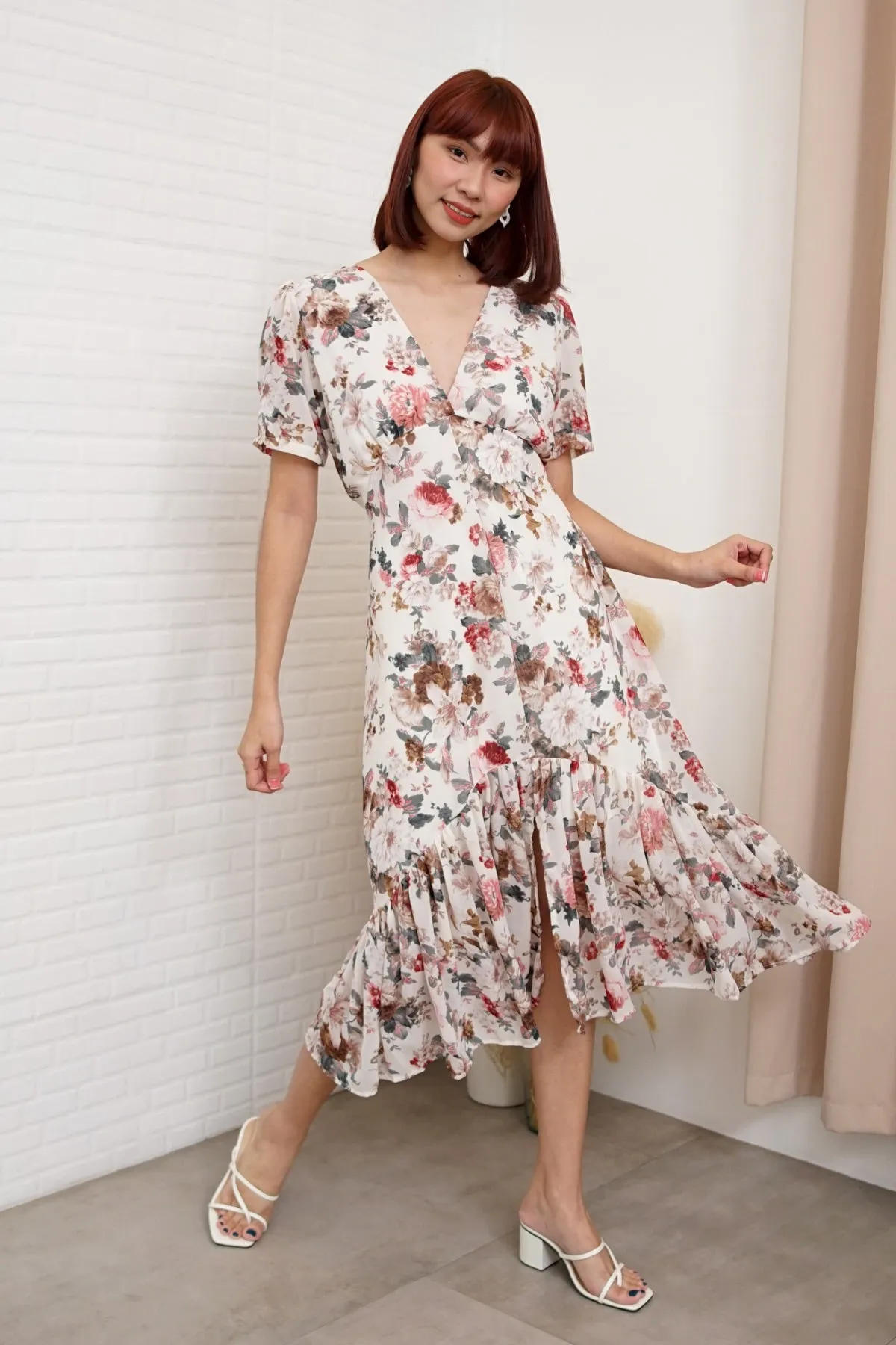 EVANGELINE Floral Chiffon Midi Dress