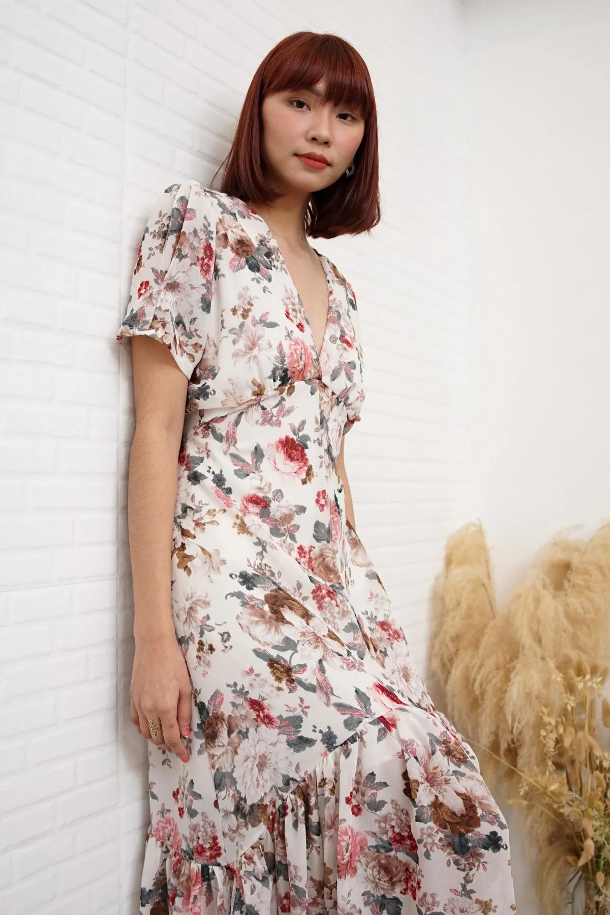 EVANGELINE Floral Chiffon Midi Dress