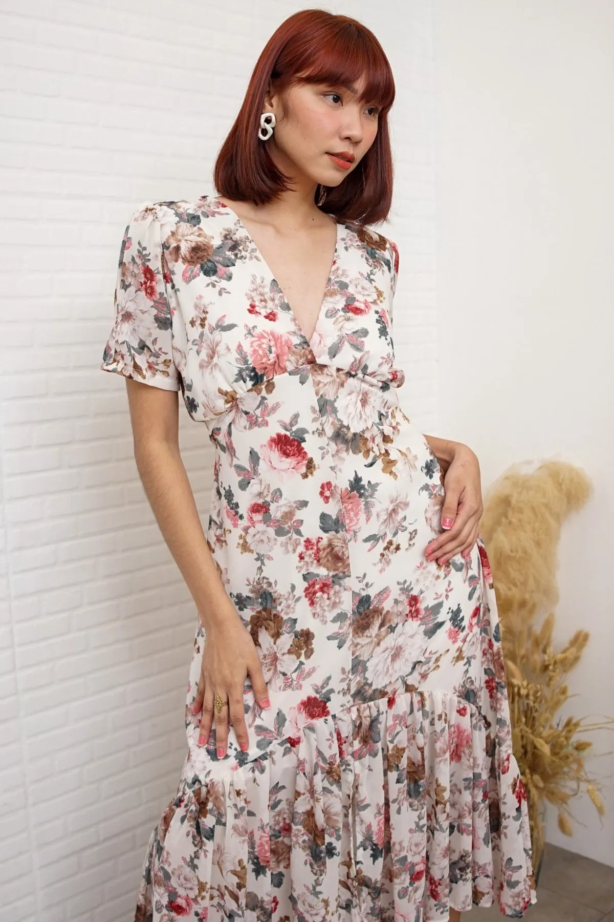 EVANGELINE Floral Chiffon Midi Dress