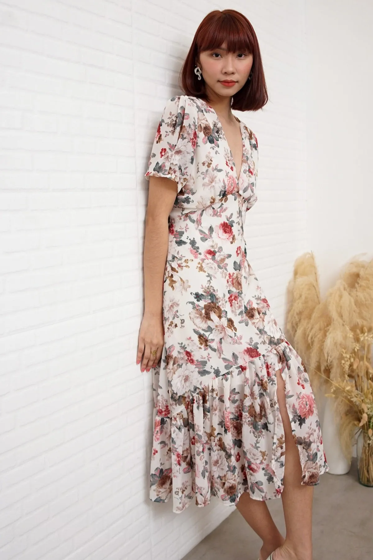 EVANGELINE Floral Chiffon Midi Dress