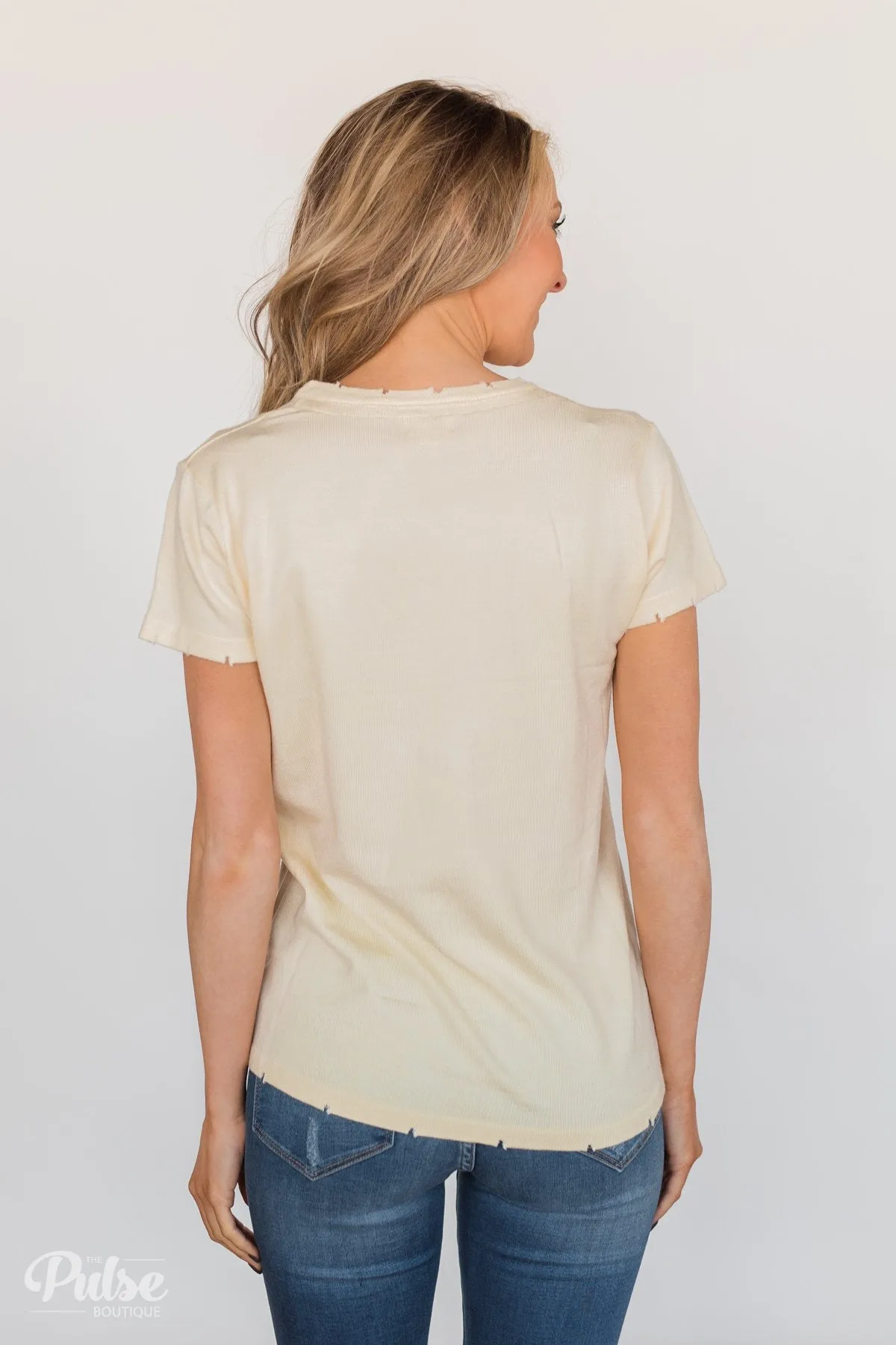 Eyes On You Distressed Short Sleeve Top- Vanilla