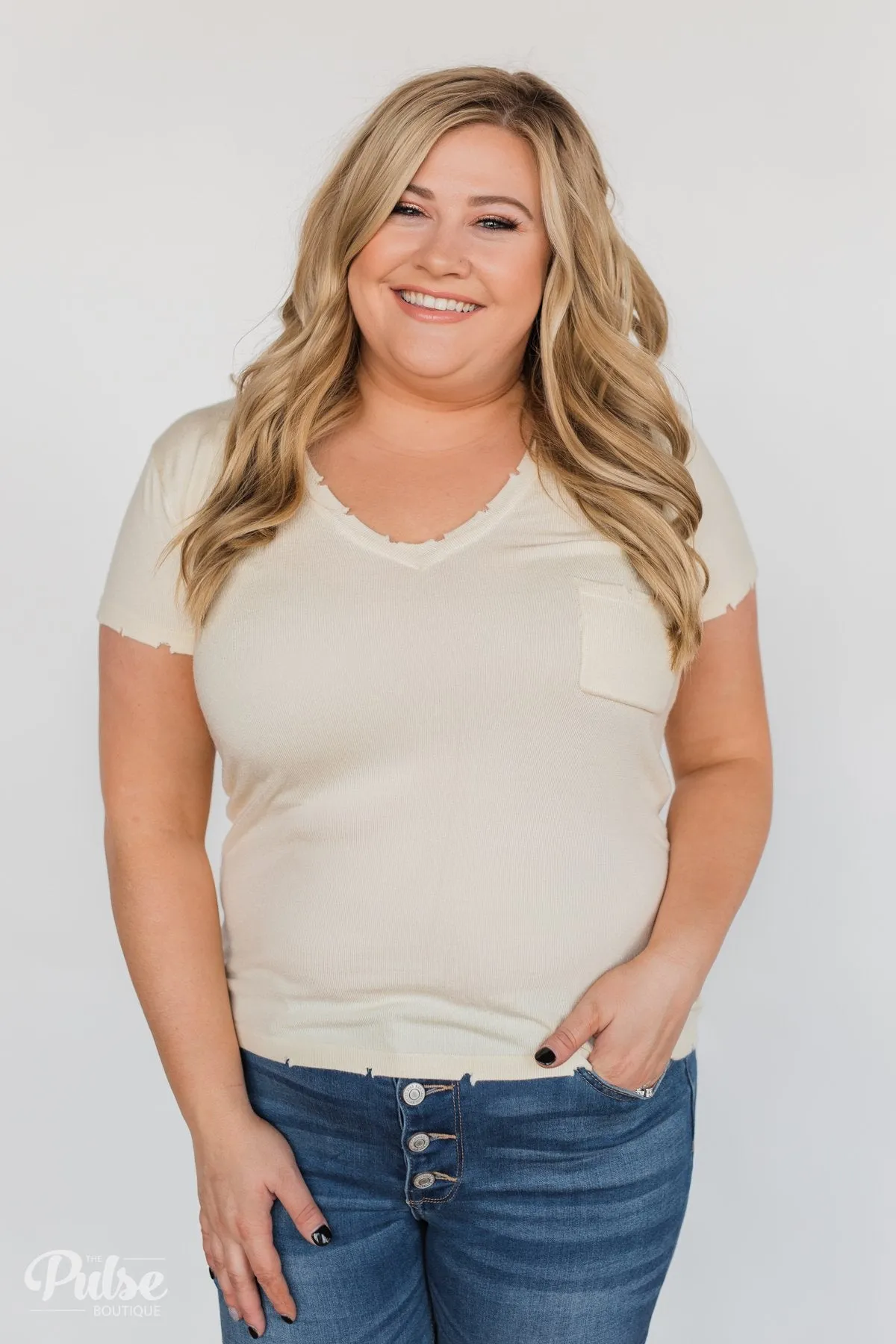 Eyes On You Distressed Short Sleeve Top- Vanilla