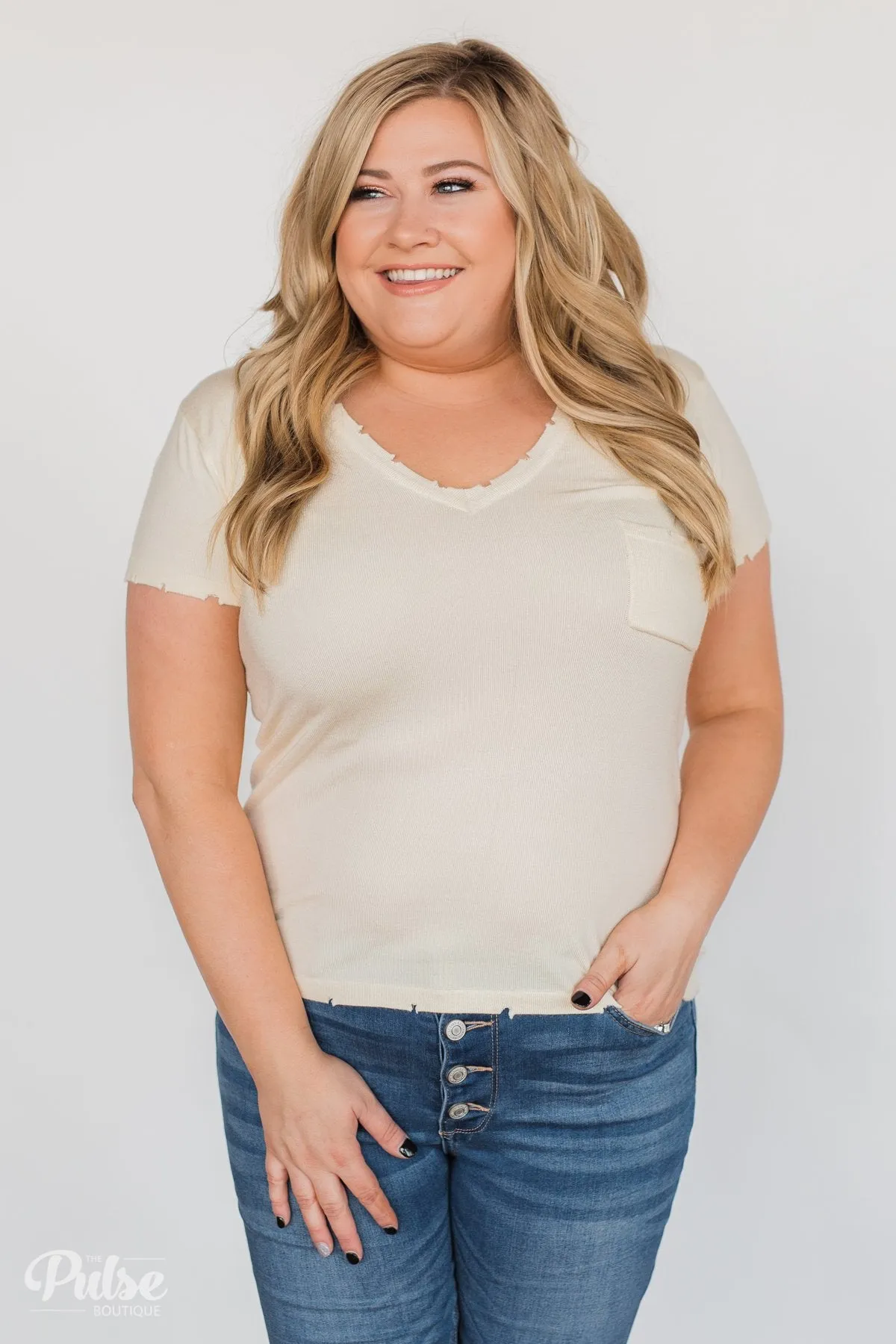 Eyes On You Distressed Short Sleeve Top- Vanilla