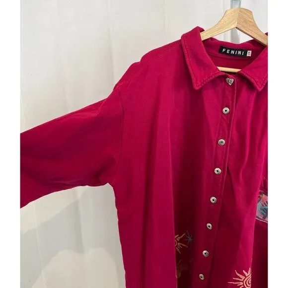 FENINI Two Piece Outfit Button Front Top Midi Skirt Cotton Red Pink Size 2X Plus